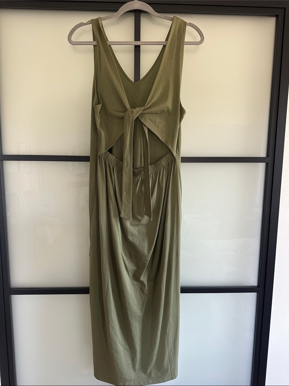 Olive Green Tie-Back open back midi Dress